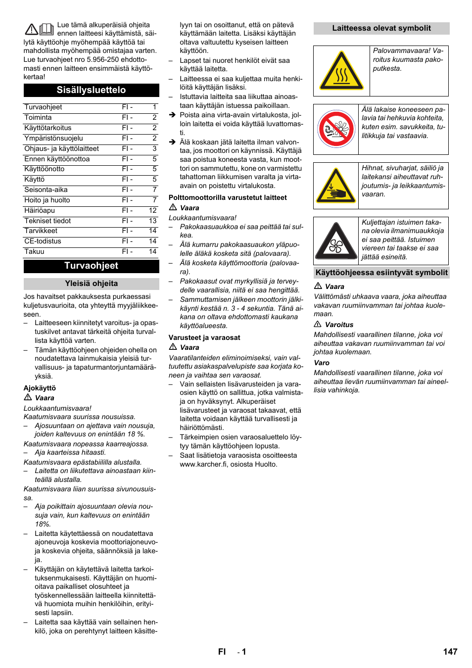 Sisällysluettelo, Turvaohjeet | Karcher KM 90-60 R P User Manual | Page 147 / 392
