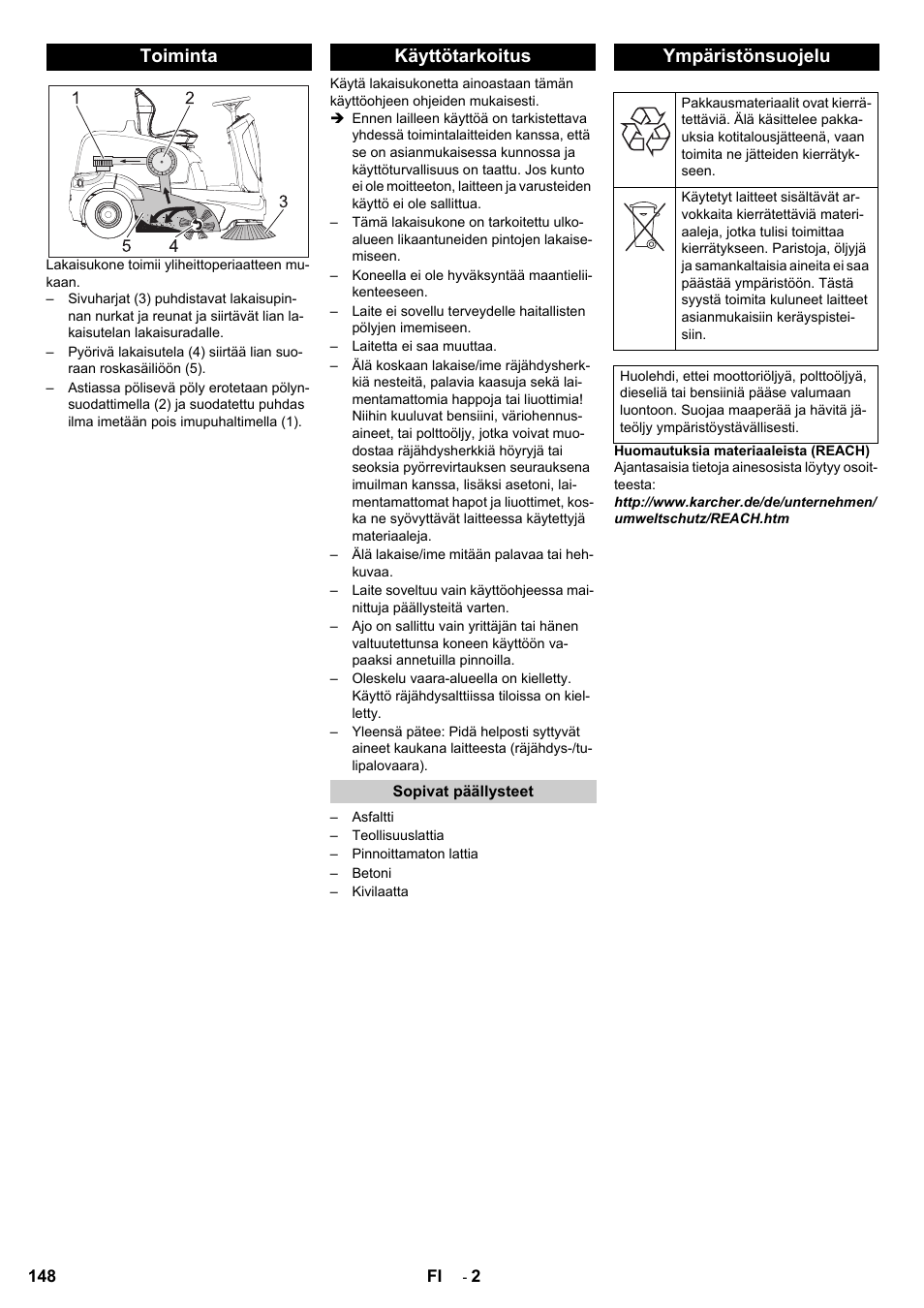 Toiminta käyttötarkoitus, Ympäristönsuojelu | Karcher KM 90-60 R P User Manual | Page 148 / 392