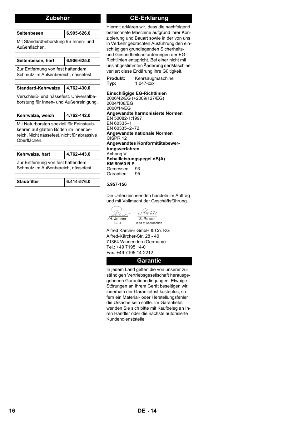 Zubehör, Ce-erklärung, Garantie | Karcher KM 90-60 R P User Manual | Page 16 / 392