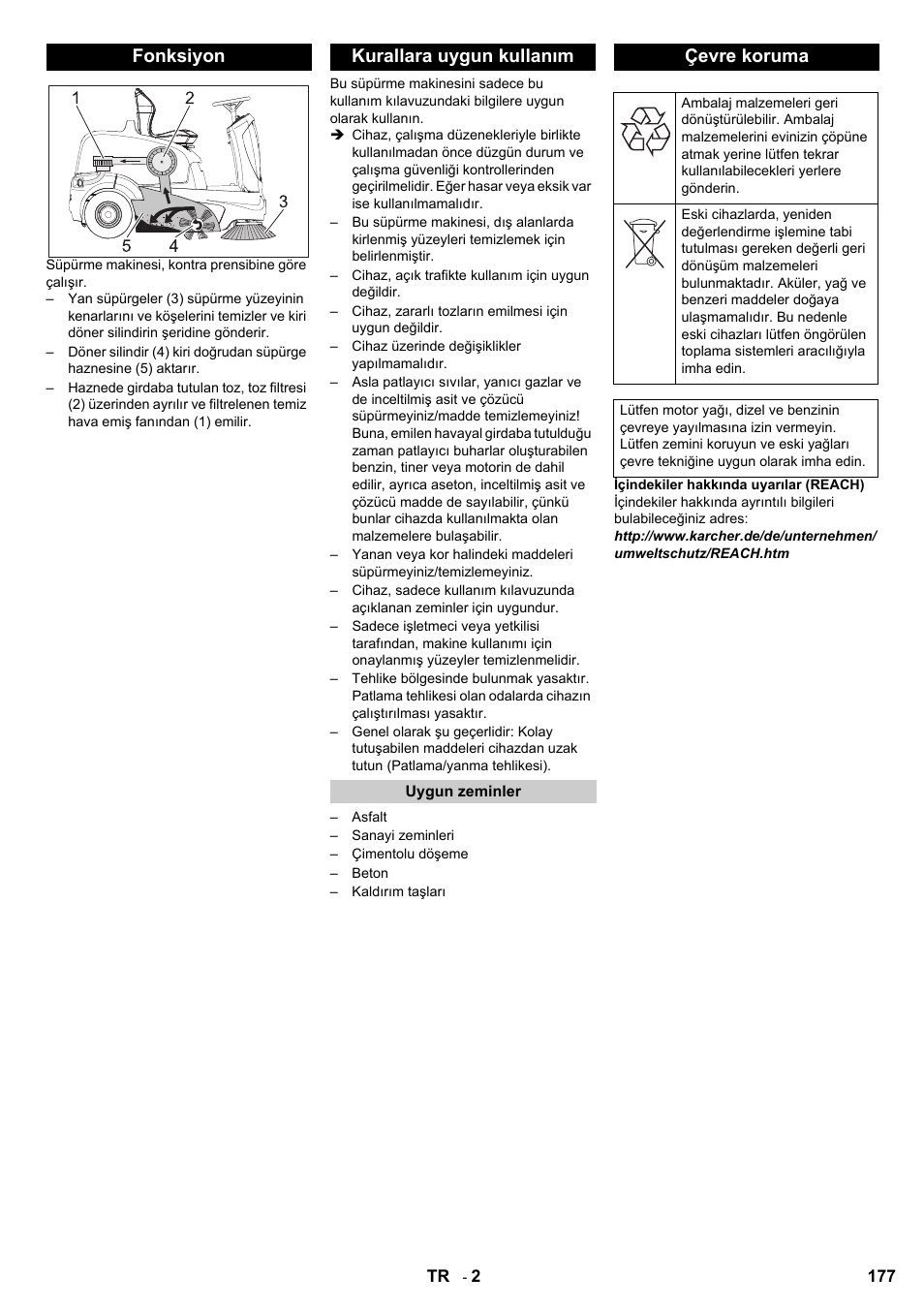 Fonksiyon kurallara uygun kullanım, Çevre koruma | Karcher KM 90-60 R P User Manual | Page 177 / 392