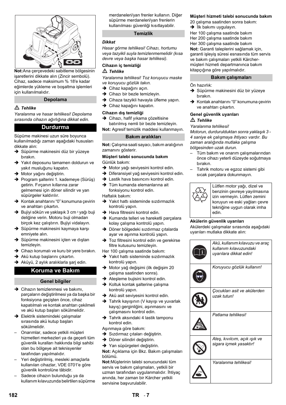 Durdurma koruma ve bakım | Karcher KM 90-60 R P User Manual | Page 182 / 392