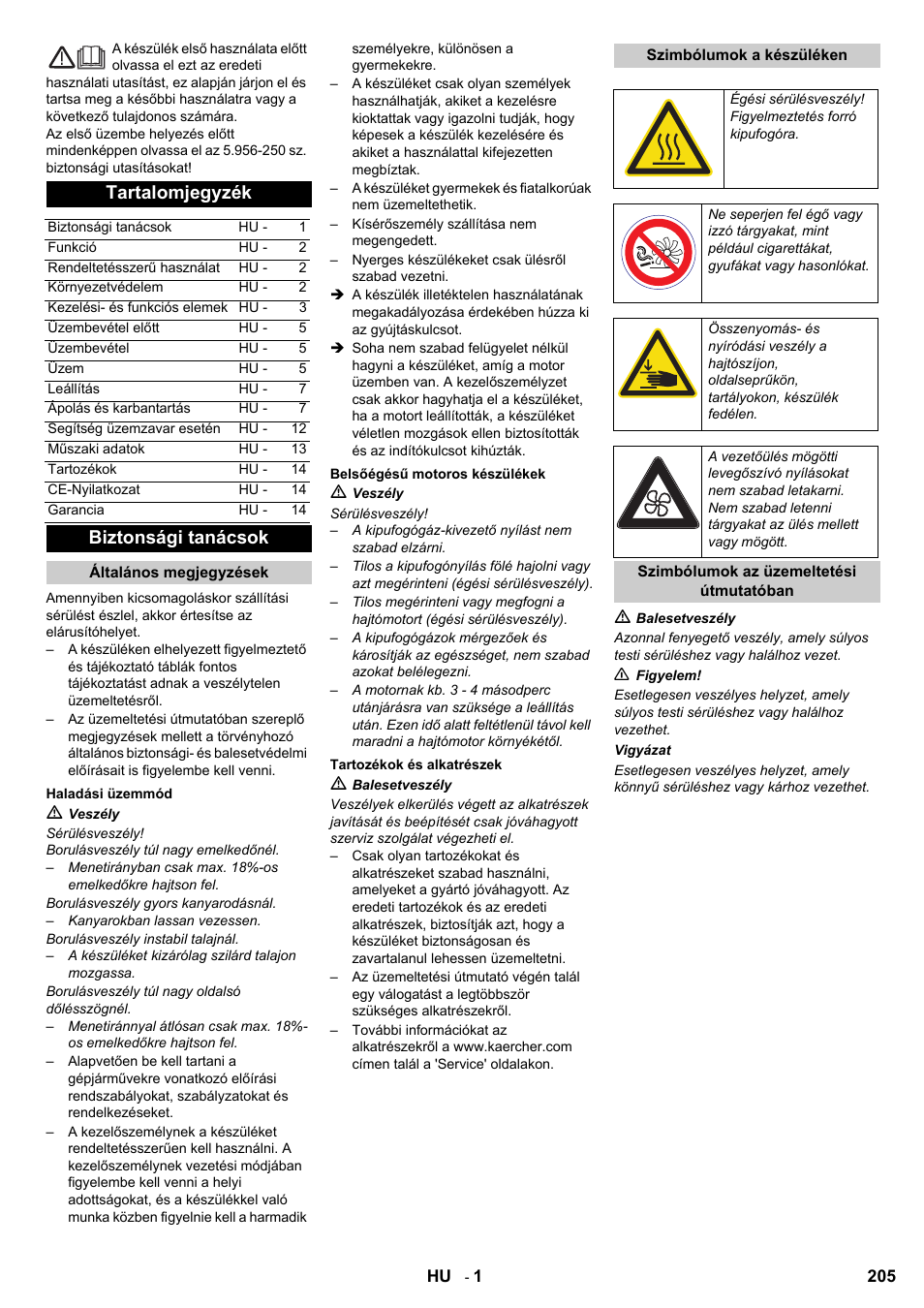 Tartalomjegyzék, Biztonsági tanácsok | Karcher KM 90-60 R P User Manual | Page 205 / 392