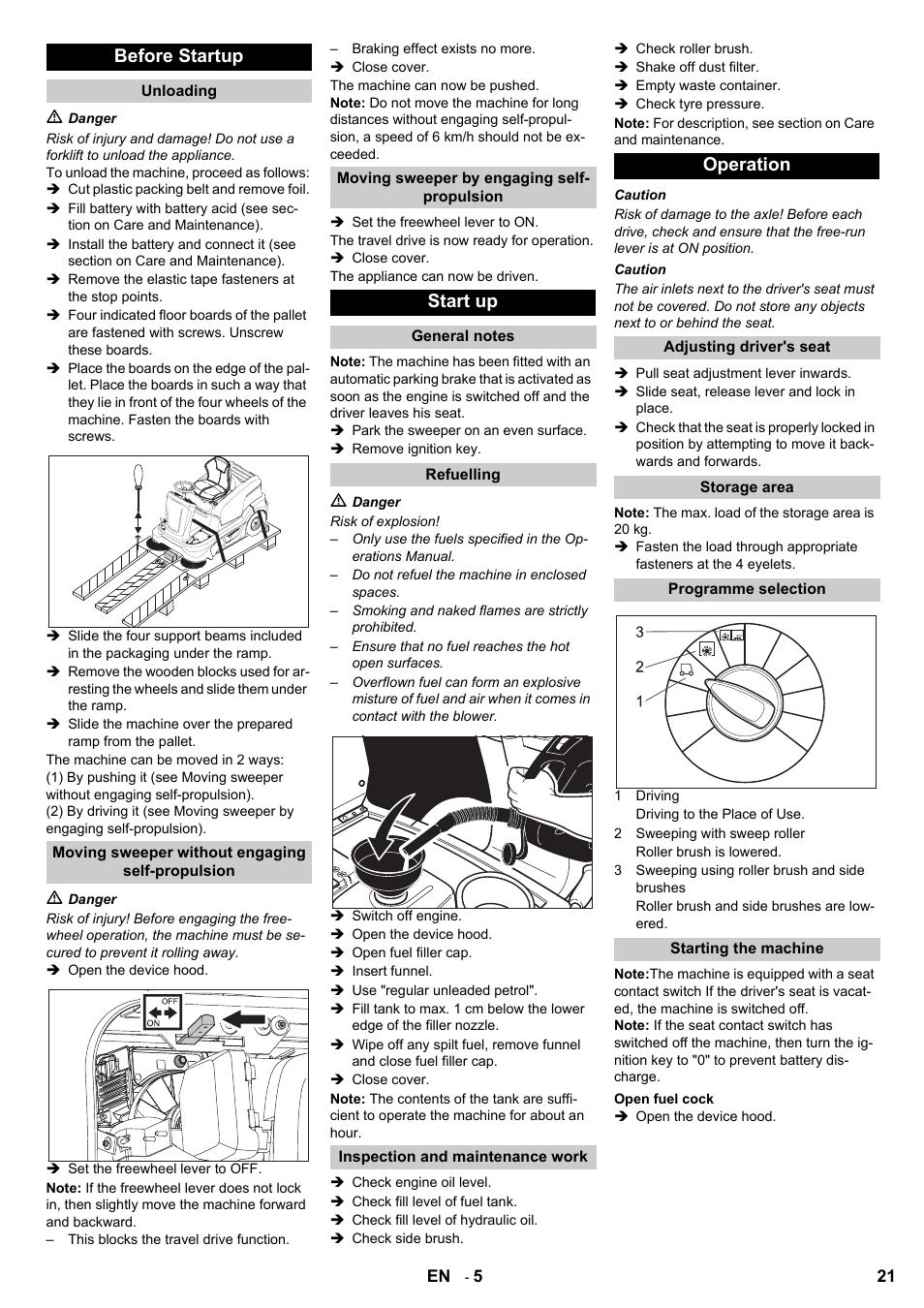 Before startup, Start up, Operation | Karcher KM 90-60 R P User Manual | Page 21 / 392