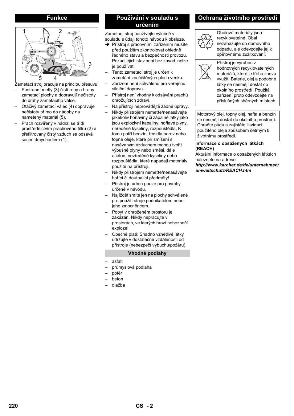 Funkce používání v souladu s určením, Ochrana životního prostředí | Karcher KM 90-60 R P User Manual | Page 220 / 392