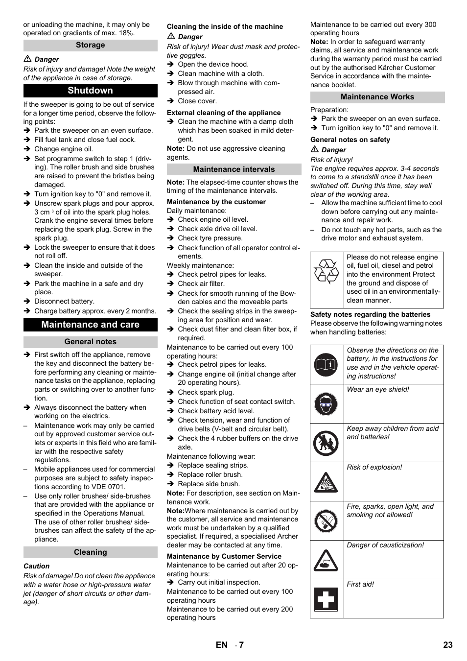 Shutdown maintenance and care | Karcher KM 90-60 R P User Manual | Page 23 / 392