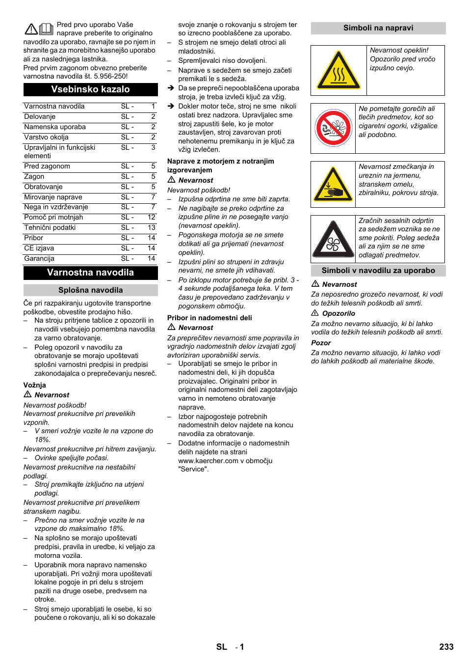 Vsebinsko kazalo, Varnostna navodila | Karcher KM 90-60 R P User Manual | Page 233 / 392