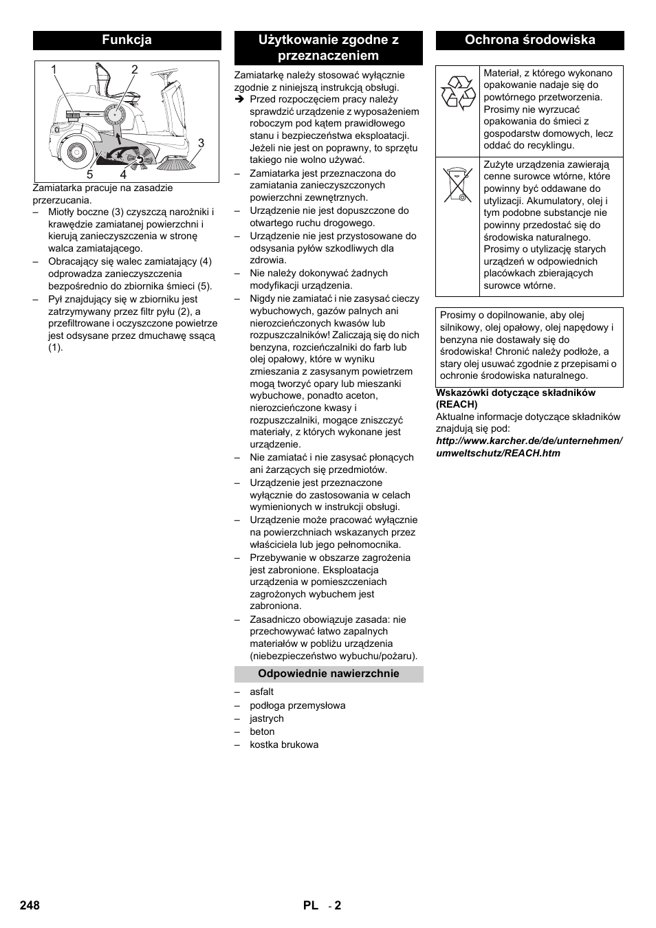 Funkcja użytkowanie zgodne z przeznaczeniem, Ochrona środowiska | Karcher KM 90-60 R P User Manual | Page 248 / 392