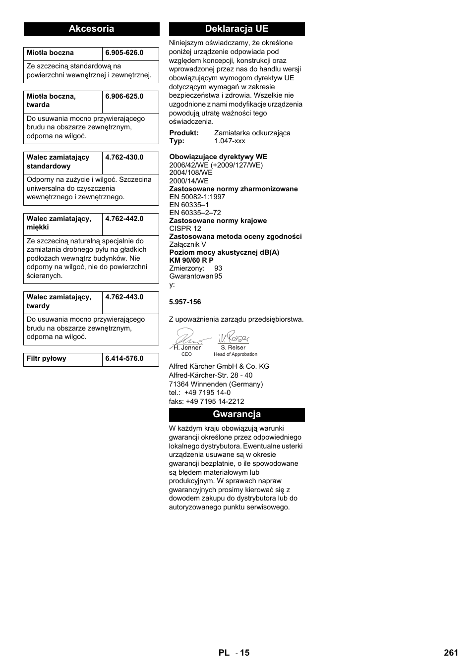 Akcesoria, Deklaracja ue, Gwarancja | Karcher KM 90-60 R P User Manual | Page 261 / 392