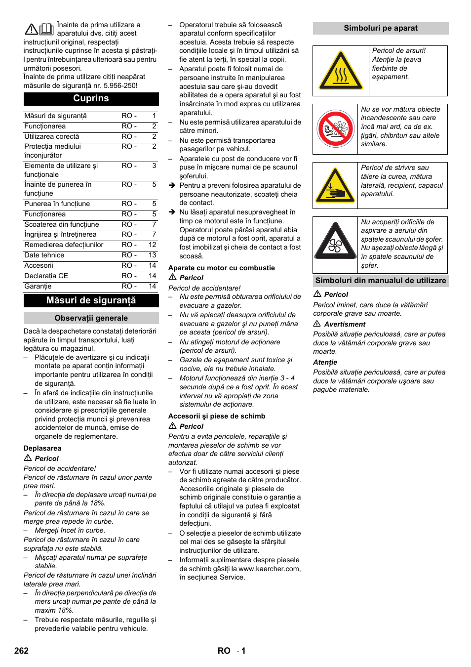 Cuprins, Măsuri de siguranţă | Karcher KM 90-60 R P User Manual | Page 262 / 392