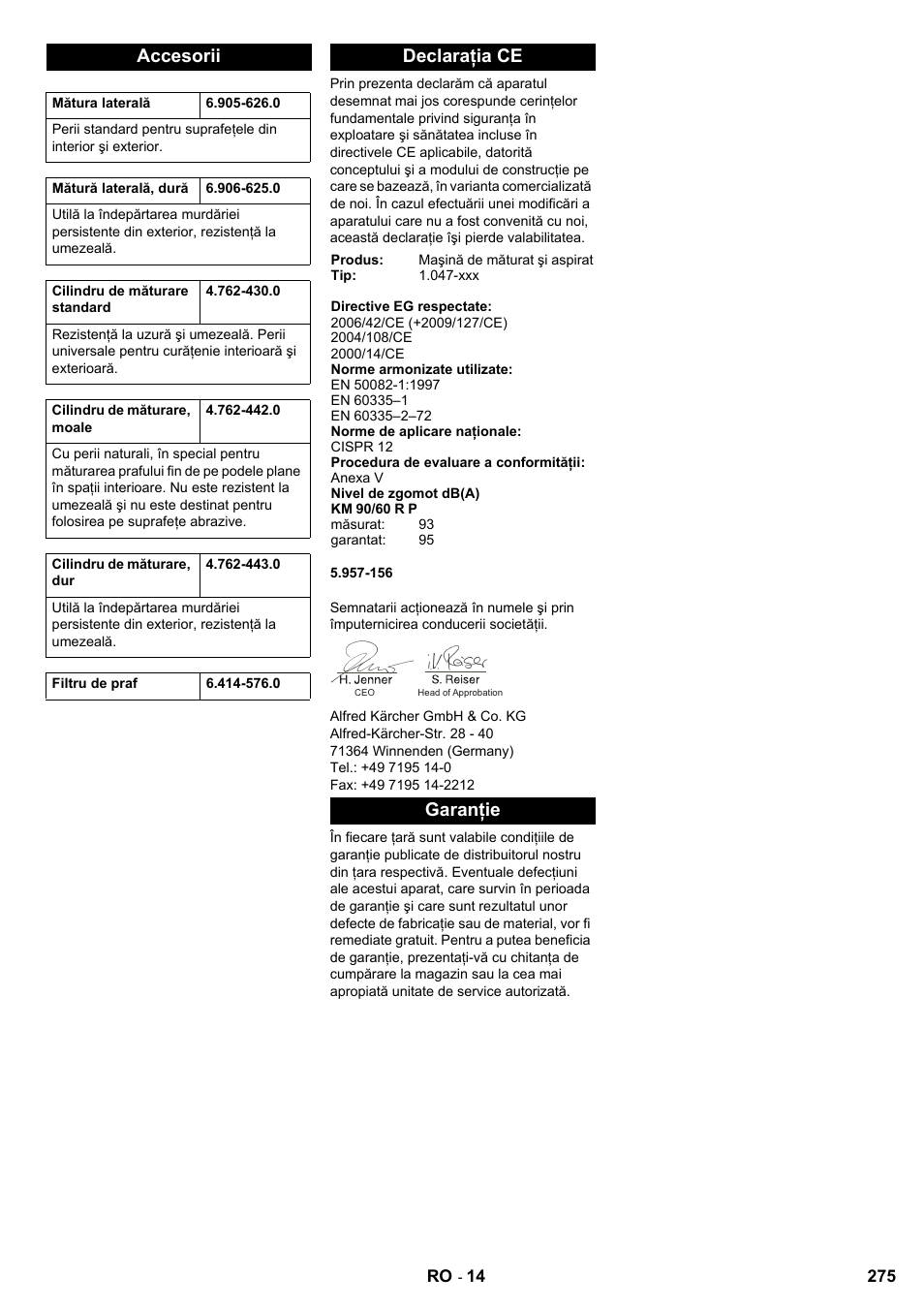 Accesorii, Declaraţia ce, Garanţie | Karcher KM 90-60 R P User Manual | Page 275 / 392