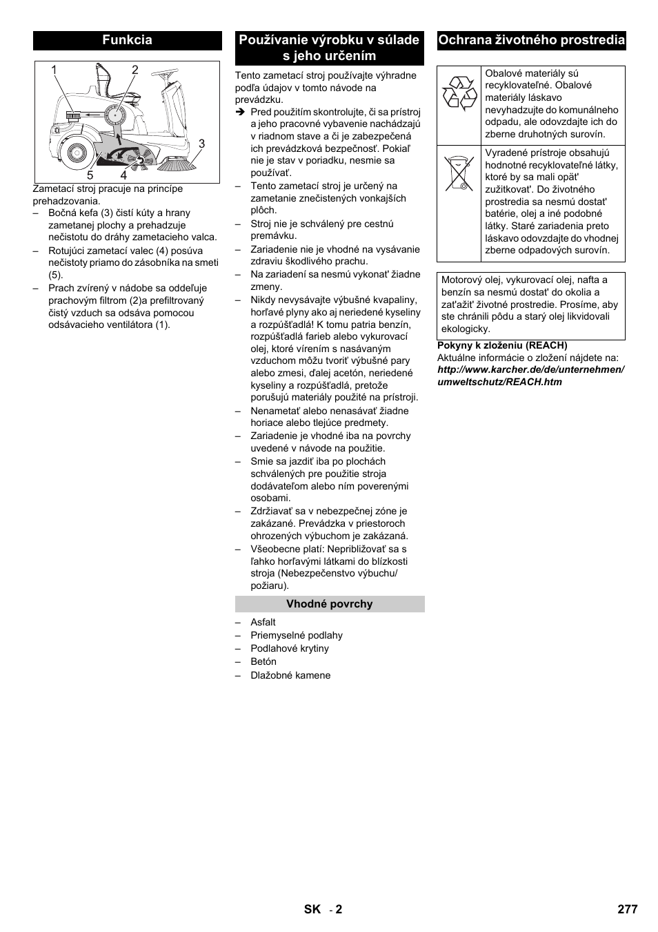 Funkcia používanie výrobku v súlade s jeho určením, Ochrana životného prostredia | Karcher KM 90-60 R P User Manual | Page 277 / 392