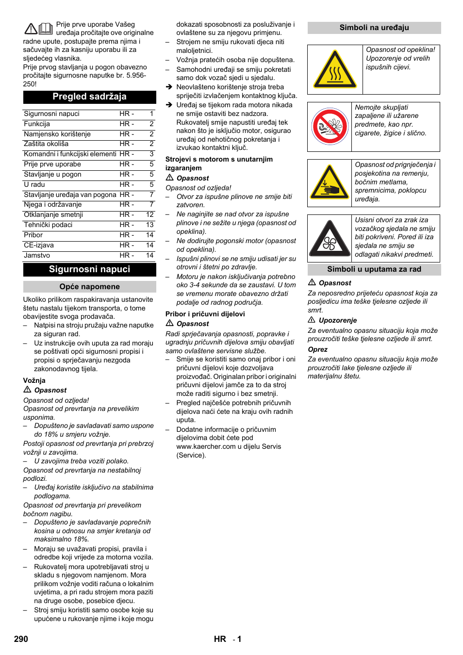 Pregled sadržaja, Sigurnosni napuci | Karcher KM 90-60 R P User Manual | Page 290 / 392
