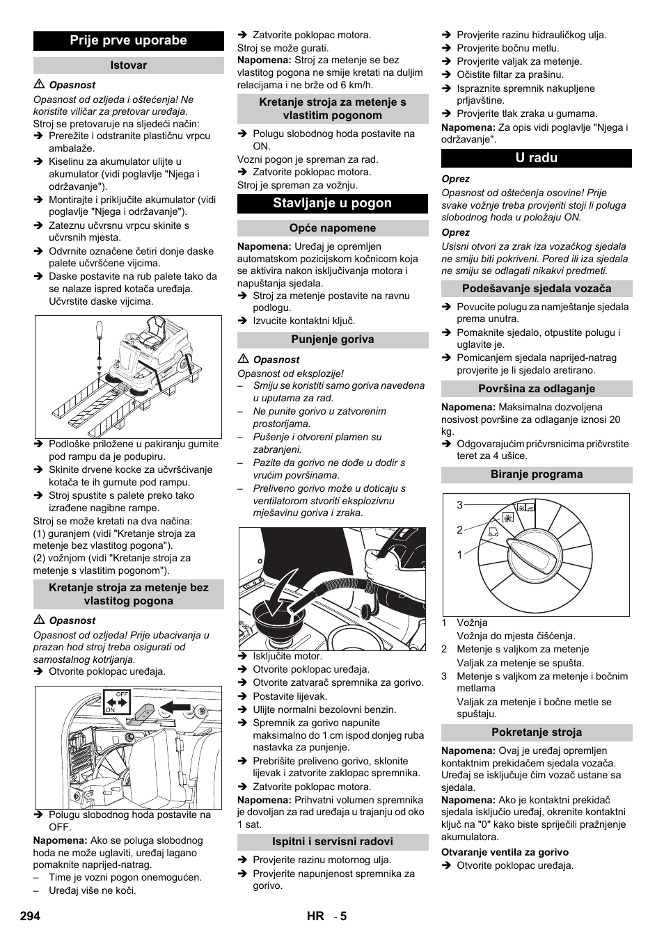 Prije prve uporabe, Stavljanje u pogon, U radu | Karcher KM 90-60 R P User Manual | Page 294 / 392