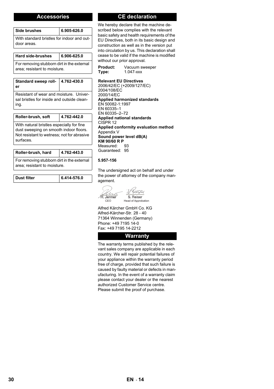 Accessories, Ce declaration, Warranty | Karcher KM 90-60 R P User Manual | Page 30 / 392