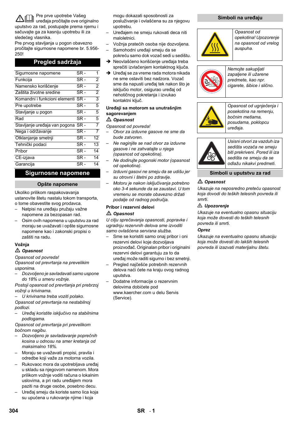 Pregled sadržaja, Sigurnosne napomene | Karcher KM 90-60 R P User Manual | Page 304 / 392