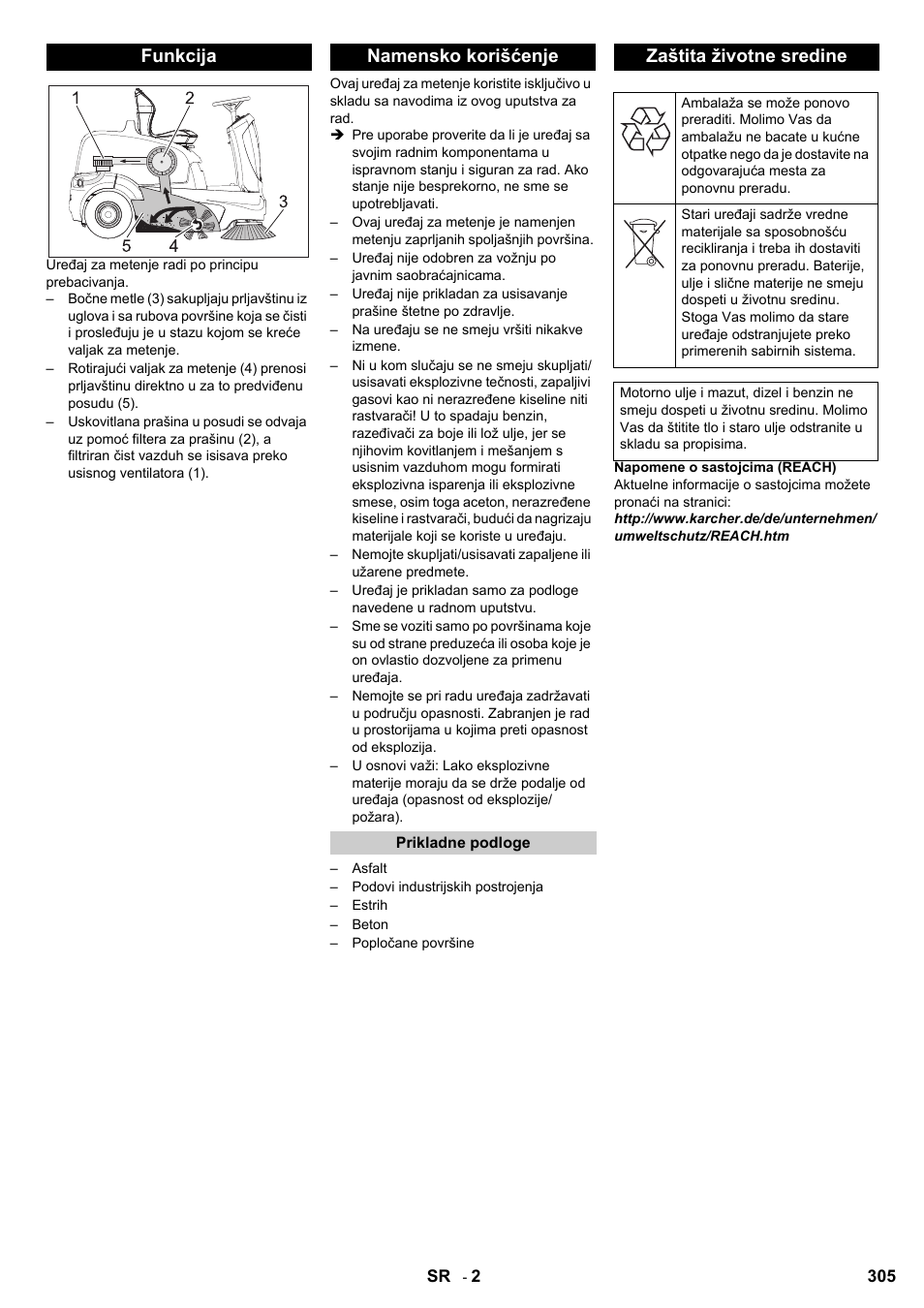 Funkcija namensko korišćenje, Zaštita životne sredine | Karcher KM 90-60 R P User Manual | Page 305 / 392