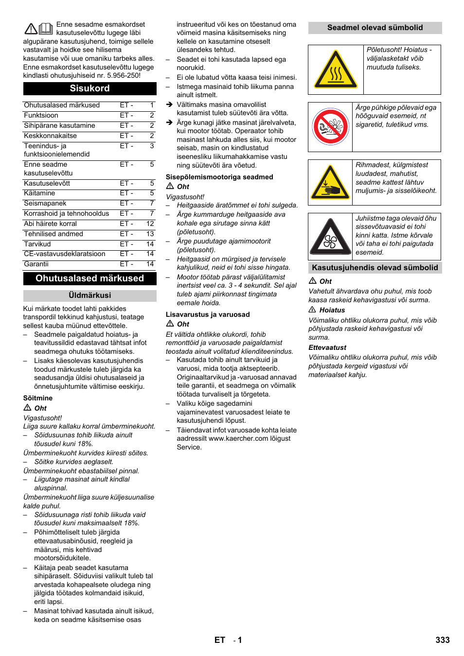 Sisukord, Ohutusalased märkused | Karcher KM 90-60 R P User Manual | Page 333 / 392