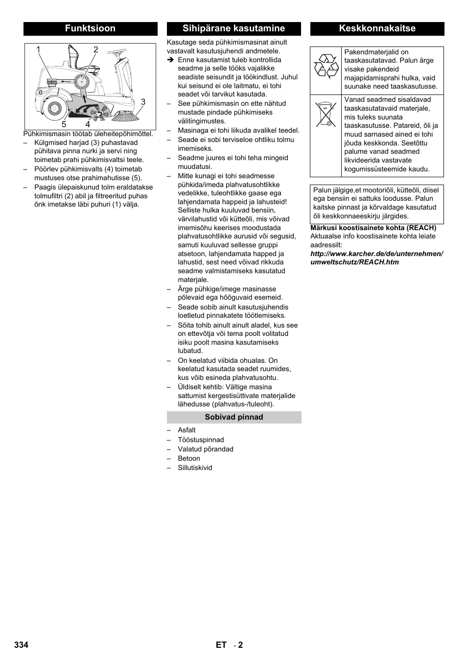 Funktsioon sihipärane kasutamine, Keskkonnakaitse | Karcher KM 90-60 R P User Manual | Page 334 / 392