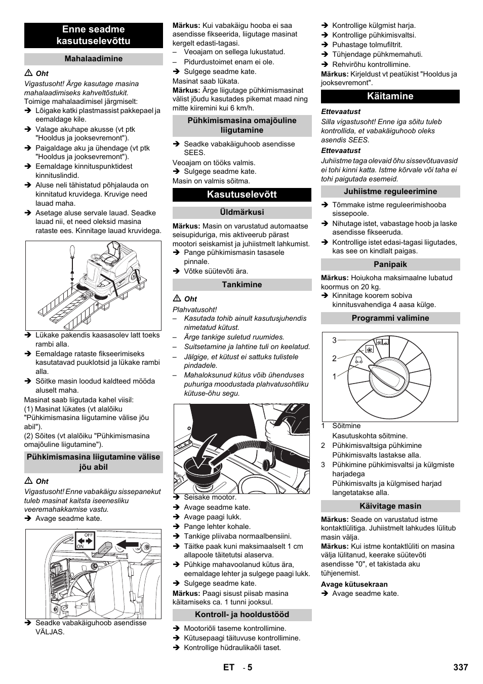 Enne seadme kasutuselevõttu, Kasutuselevõtt, Käitamine | Karcher KM 90-60 R P User Manual | Page 337 / 392