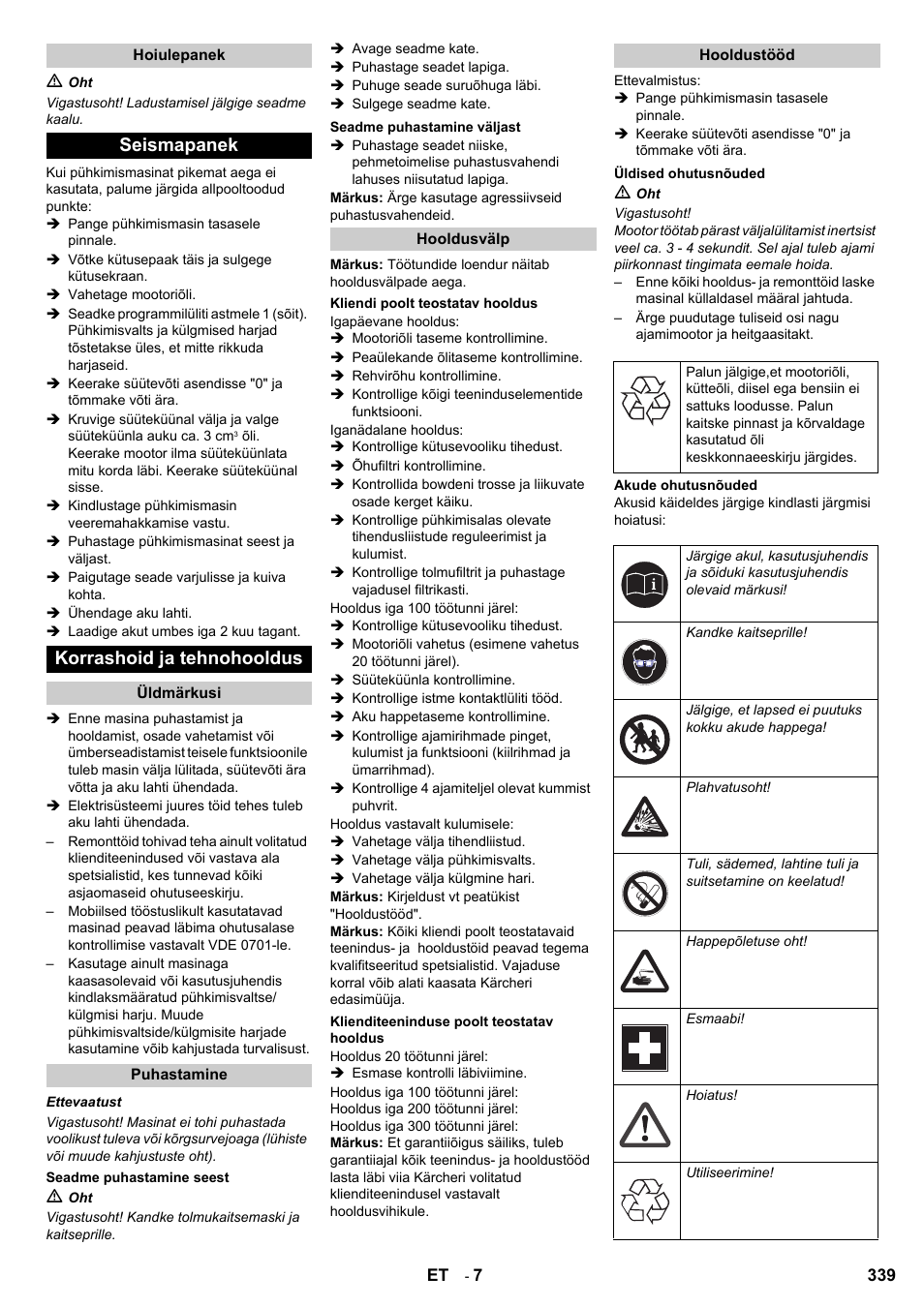 Seismapanek korrashoid ja tehnohooldus | Karcher KM 90-60 R P User Manual | Page 339 / 392