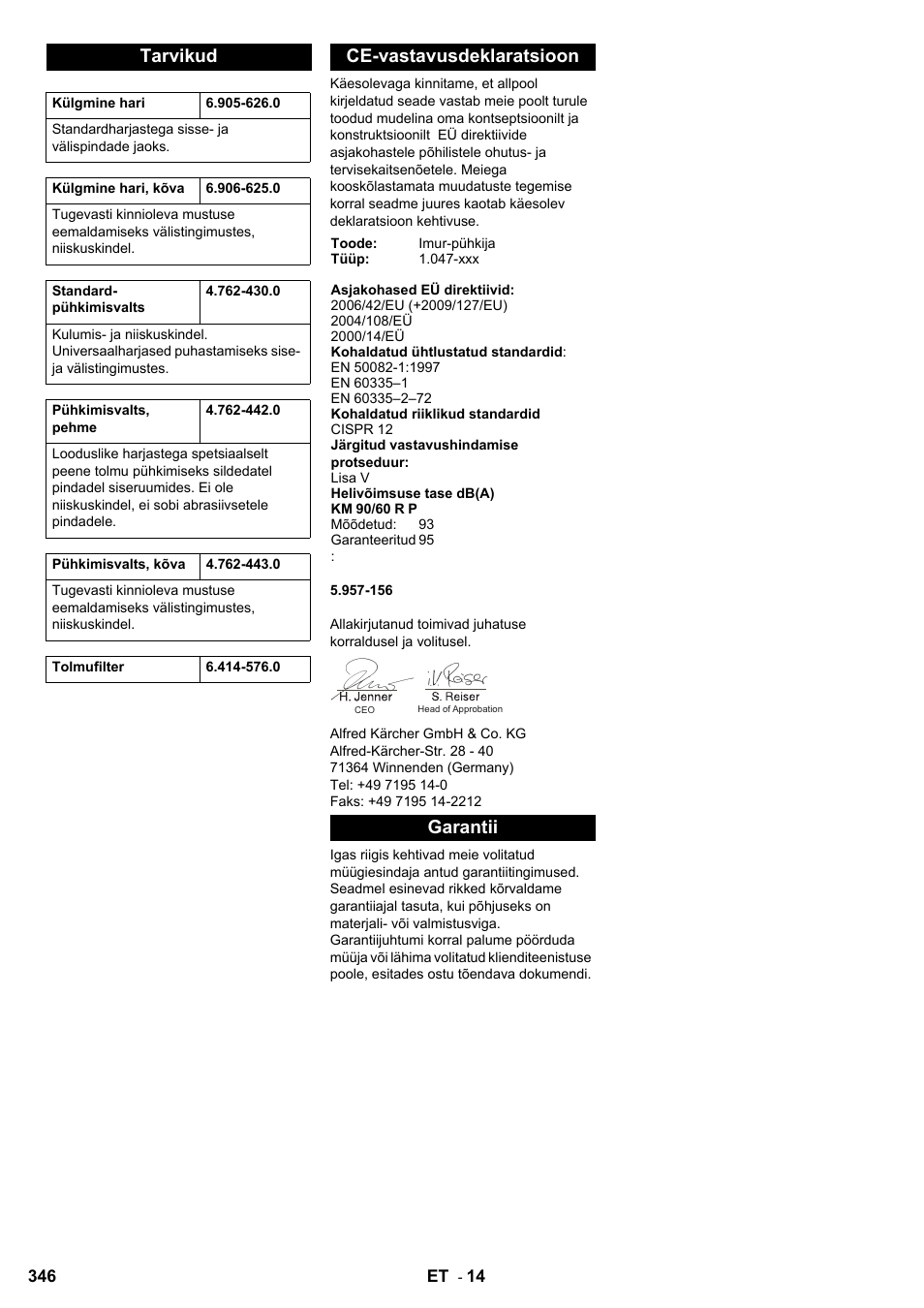 Tarvikud, Ce-vastavusdeklaratsioon, Garantii | Karcher KM 90-60 R P User Manual | Page 346 / 392