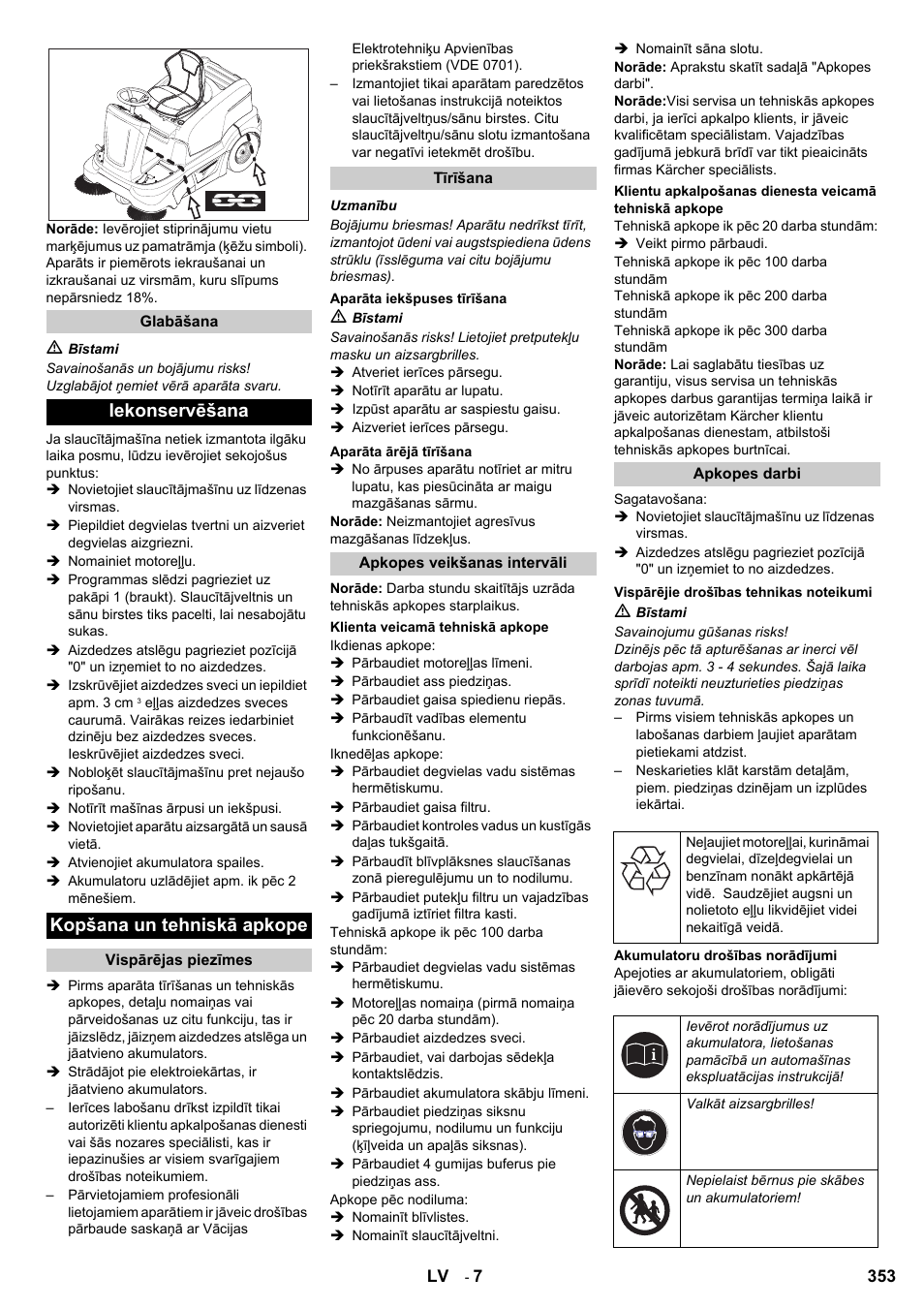 Iekonservēšana kopšana un tehniskā apkope | Karcher KM 90-60 R P User Manual | Page 353 / 392