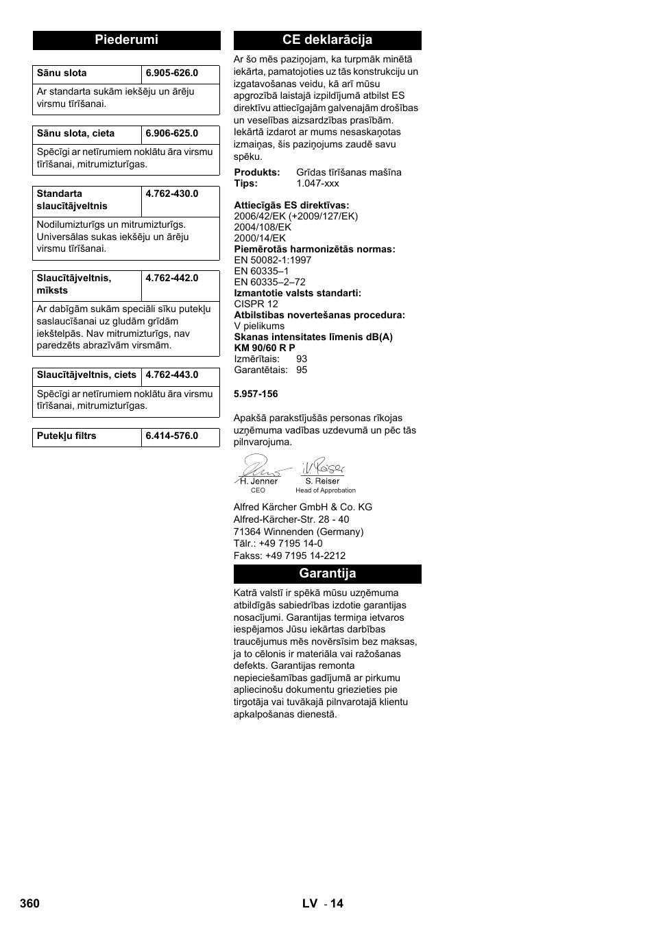 Piederumi, Ce deklarācija, Garantija | Karcher KM 90-60 R P User Manual | Page 360 / 392
