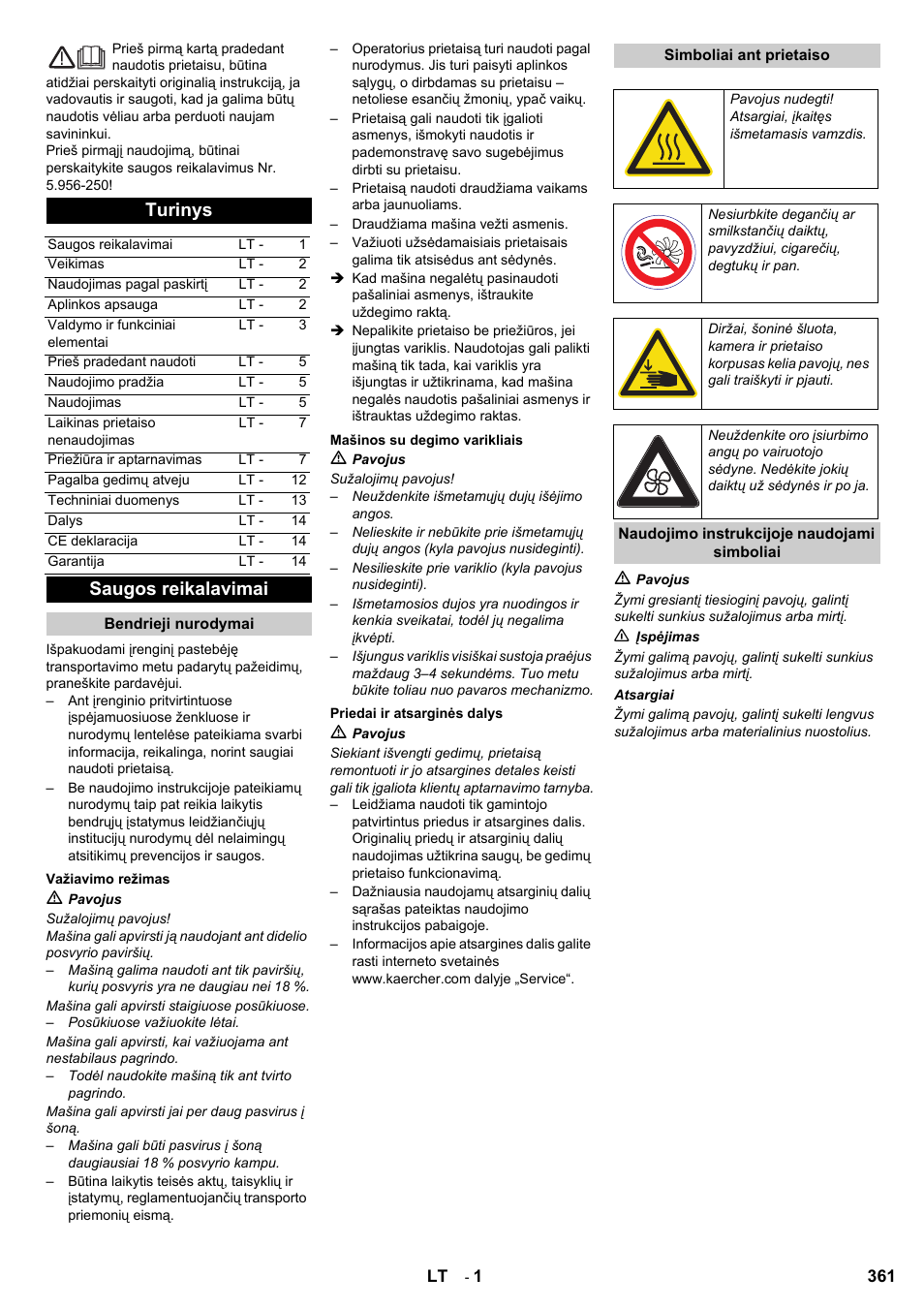 Turinys, Saugos reikalavimai | Karcher KM 90-60 R P User Manual | Page 361 / 392