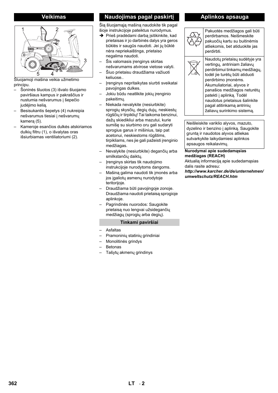 Veikimas naudojimas pagal paskirtį, Aplinkos apsauga | Karcher KM 90-60 R P User Manual | Page 362 / 392