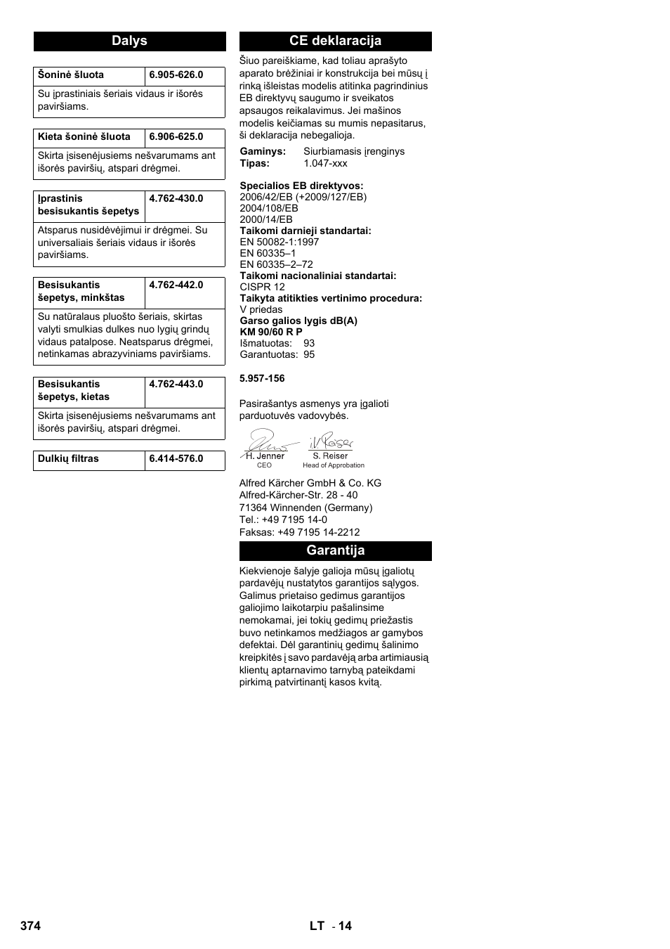 Dalys, Ce deklaracija, Garantija | Karcher KM 90-60 R P User Manual | Page 374 / 392