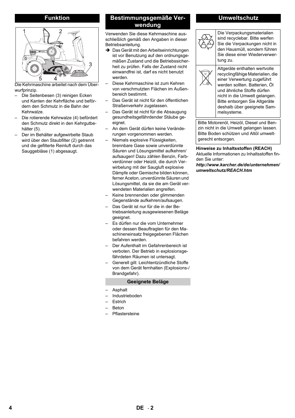 Funktion bestimmungsgemäße ver- wendung, Umweltschutz | Karcher KM 90-60 R P User Manual | Page 4 / 392