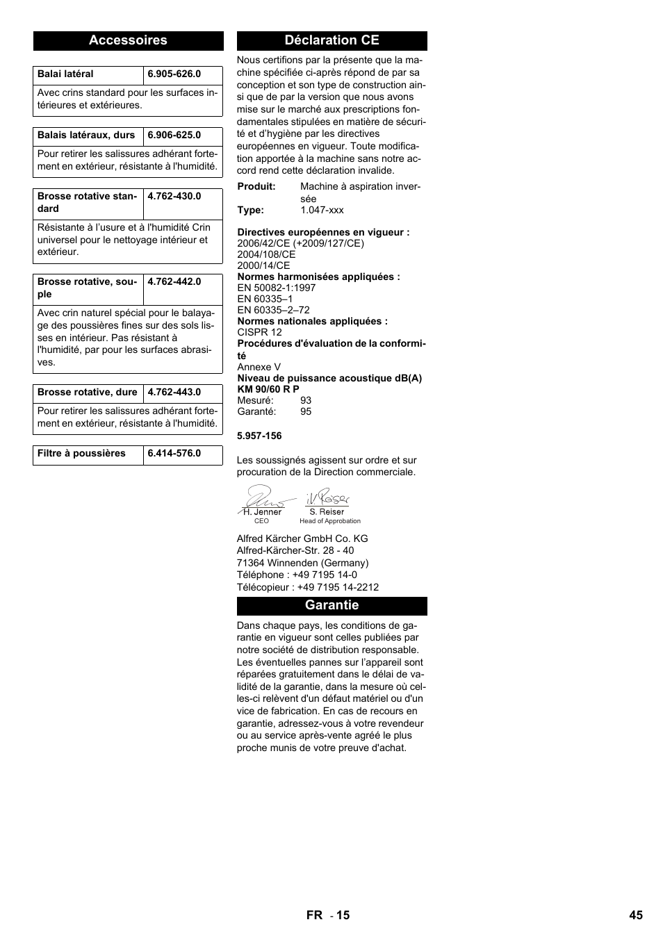 Accessoires, Déclaration ce, Garantie | Karcher KM 90-60 R P User Manual | Page 45 / 392