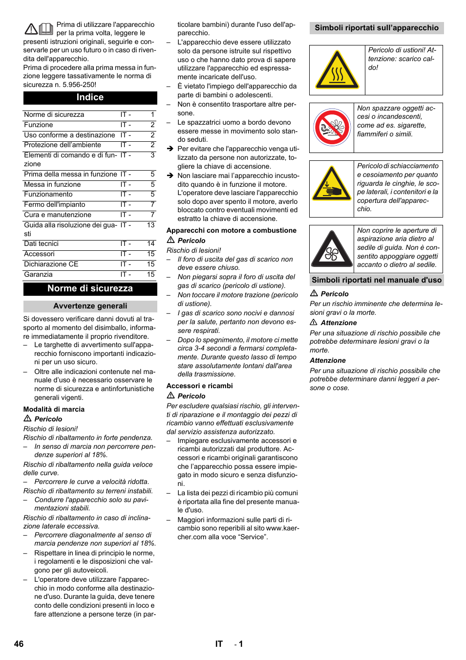 Indice, Norme di sicurezza | Karcher KM 90-60 R P User Manual | Page 46 / 392