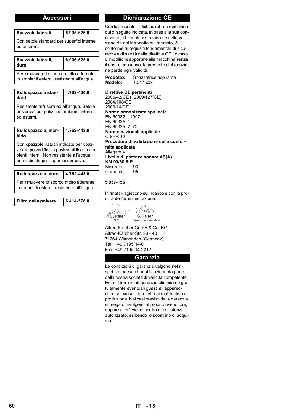 Accessori, Dichiarazione ce, Garanzia | Karcher KM 90-60 R P User Manual | Page 60 / 392