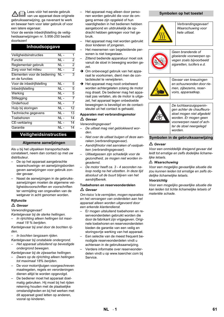 Inhoudsopgave, Veiligheidsinstructies | Karcher KM 90-60 R P User Manual | Page 61 / 392