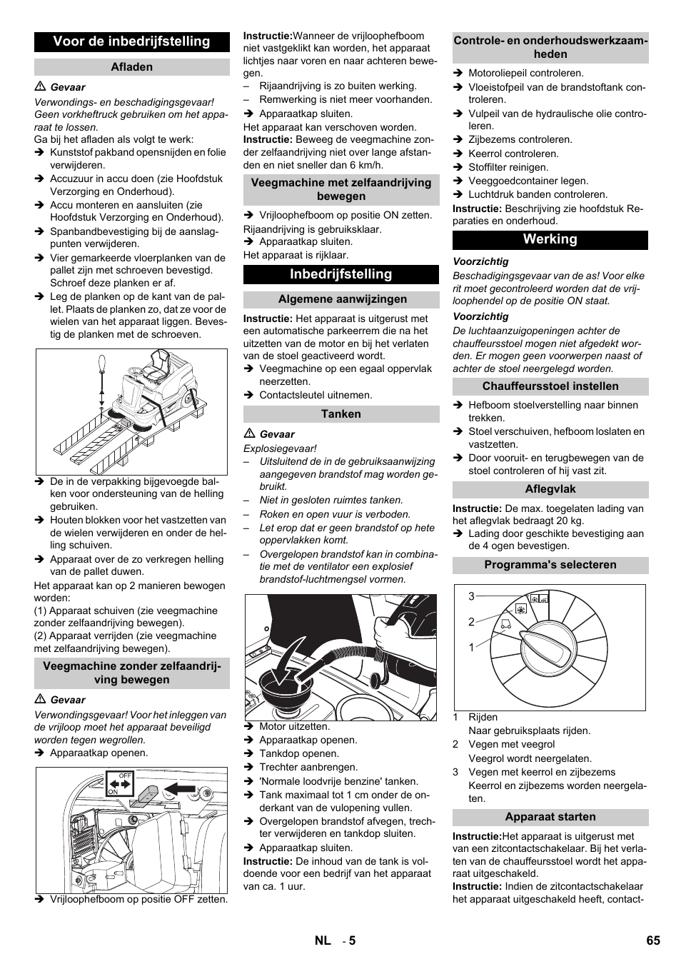 Voor de inbedrijfstelling, Inbedrijfstelling, Werking | Karcher KM 90-60 R P User Manual | Page 65 / 392