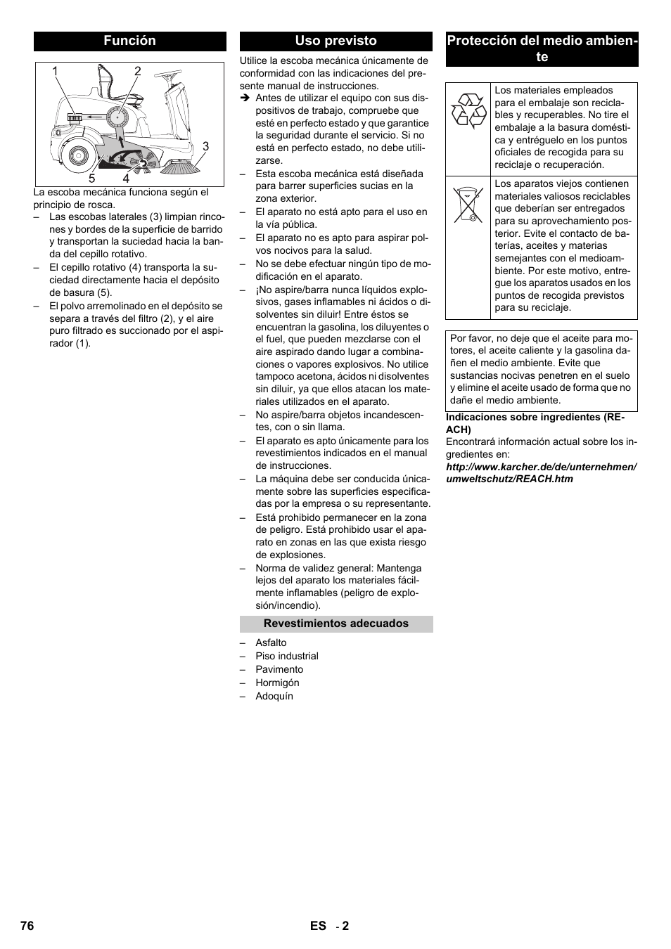 Función uso previsto, Protección del medio ambien- te | Karcher KM 90-60 R P User Manual | Page 76 / 392