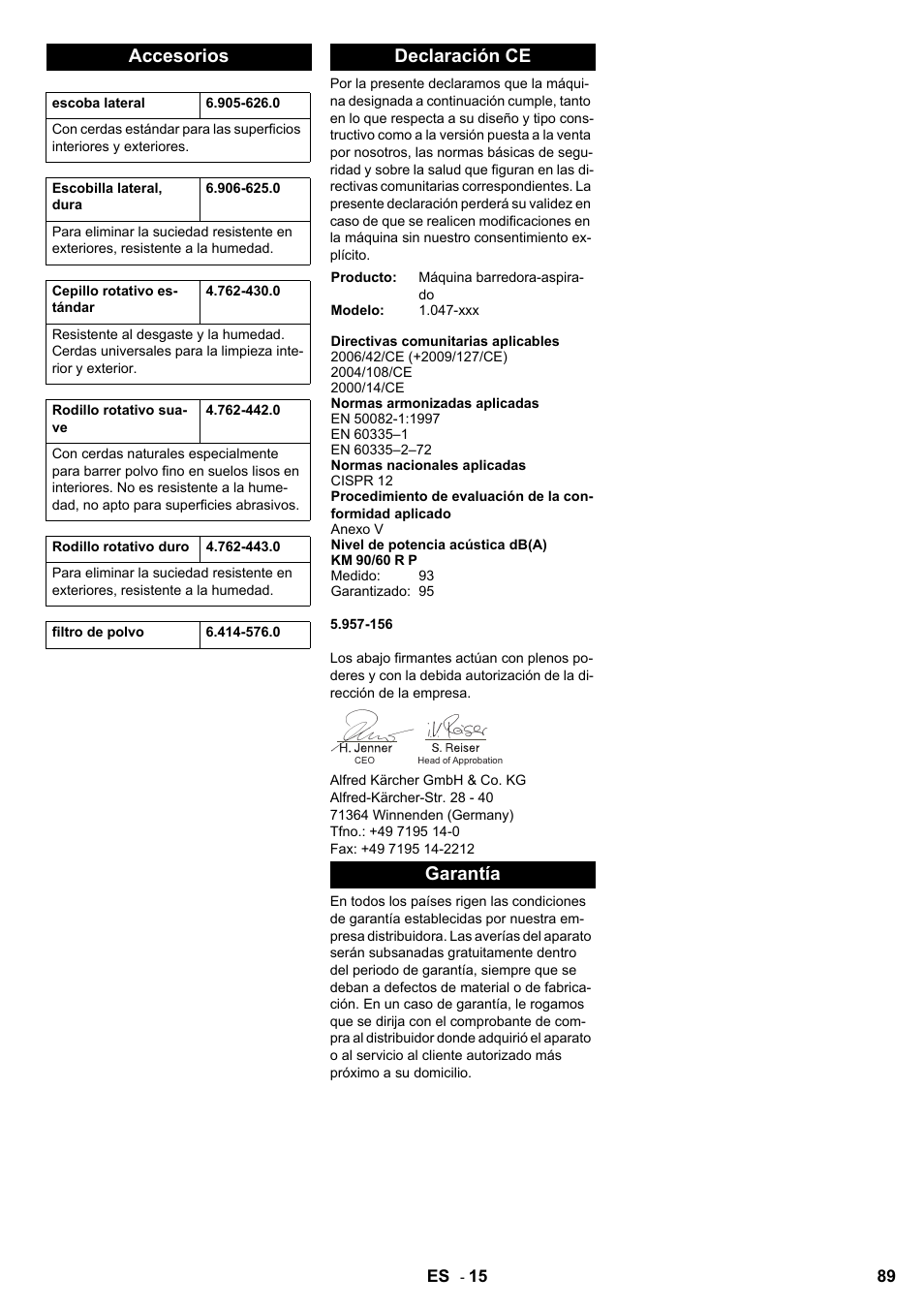 Accesorios, Declaración ce, Garantía | Karcher KM 90-60 R P User Manual | Page 89 / 392