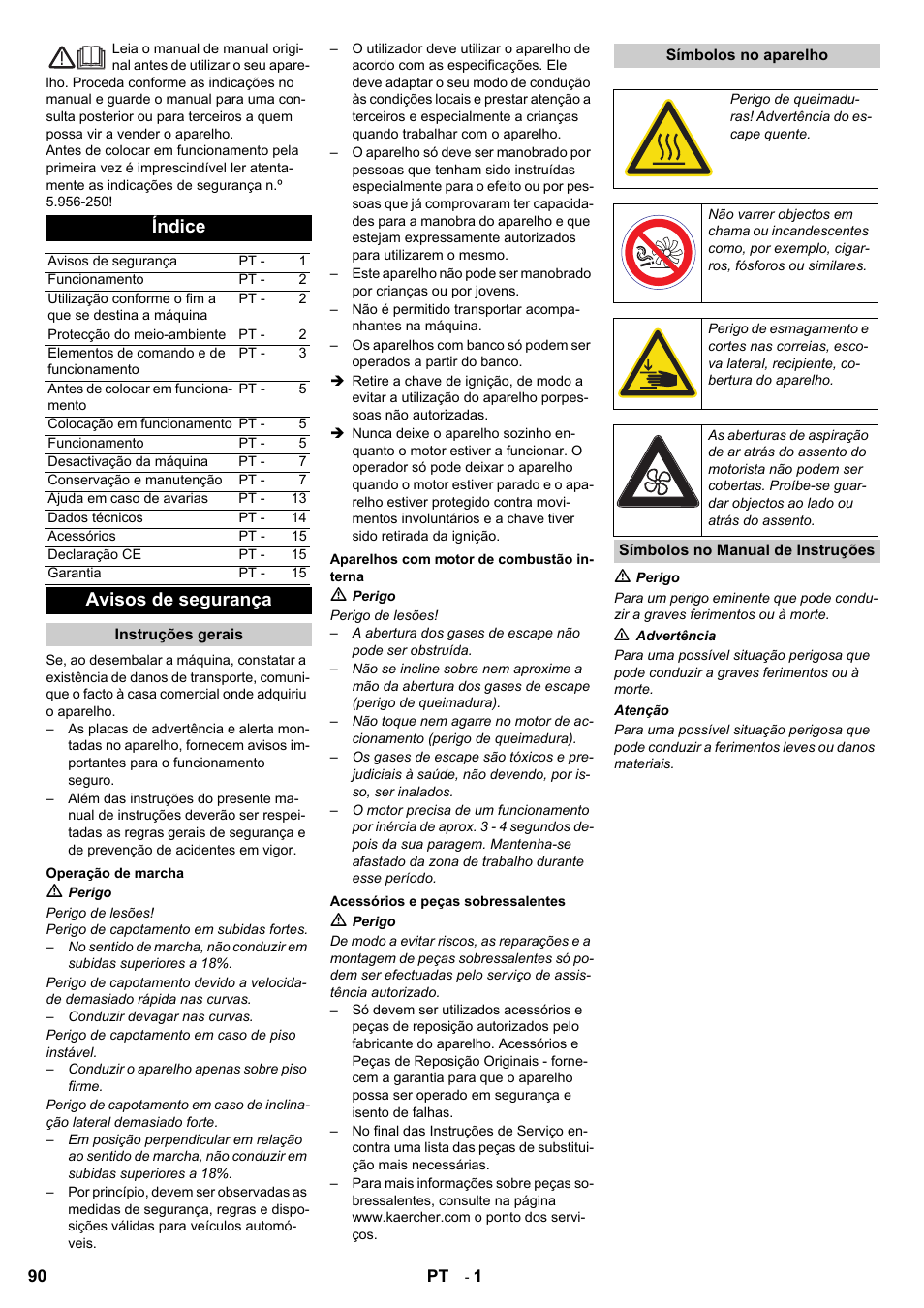 Índice, Avisos de segurança | Karcher KM 90-60 R P User Manual | Page 90 / 392