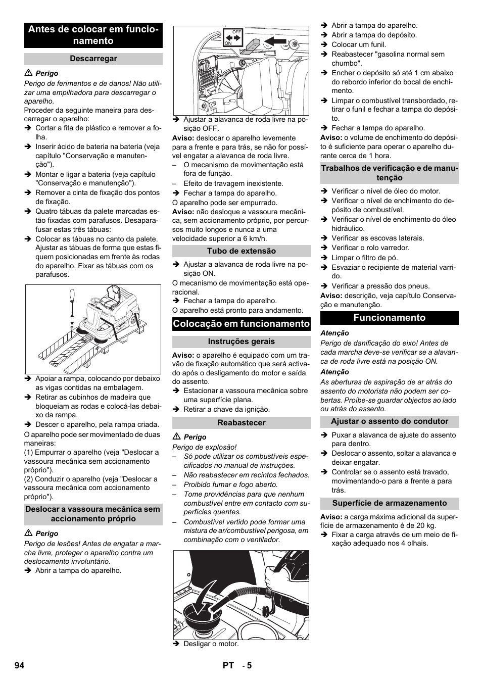 Antes de colocar em funcio- namento, Colocação em funcionamento, Funcionamento | Karcher KM 90-60 R P User Manual | Page 94 / 392