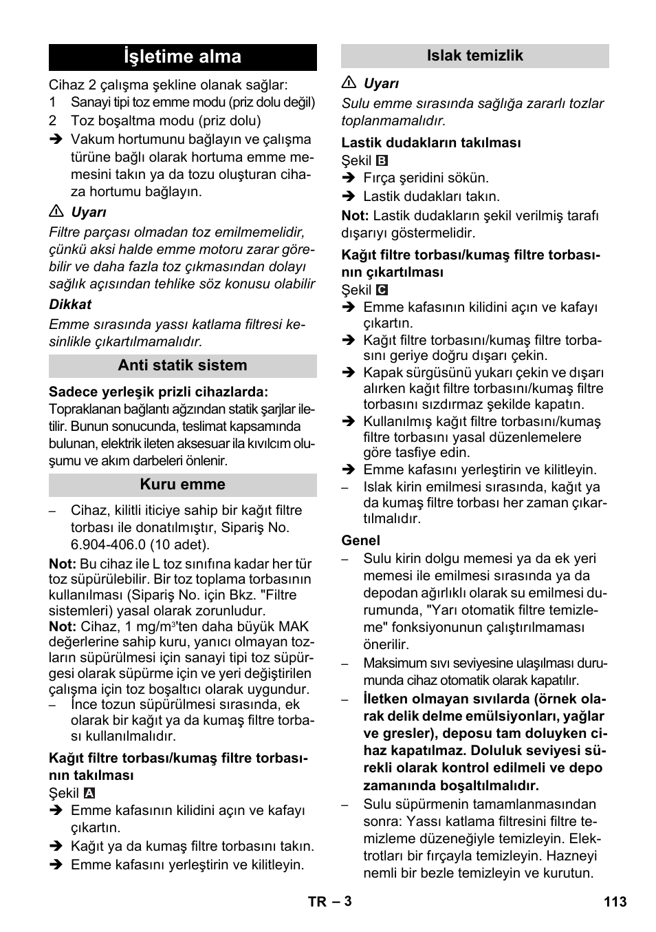 Işletime alma | Karcher NT 14-1 Ap Te Adv L User Manual | Page 113 / 248