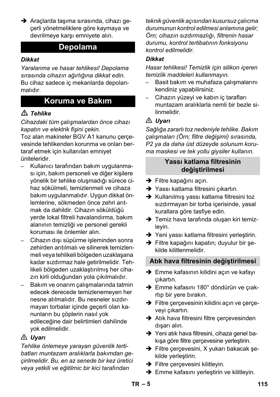 Depolama koruma ve bakım | Karcher NT 14-1 Ap Te Adv L User Manual | Page 115 / 248