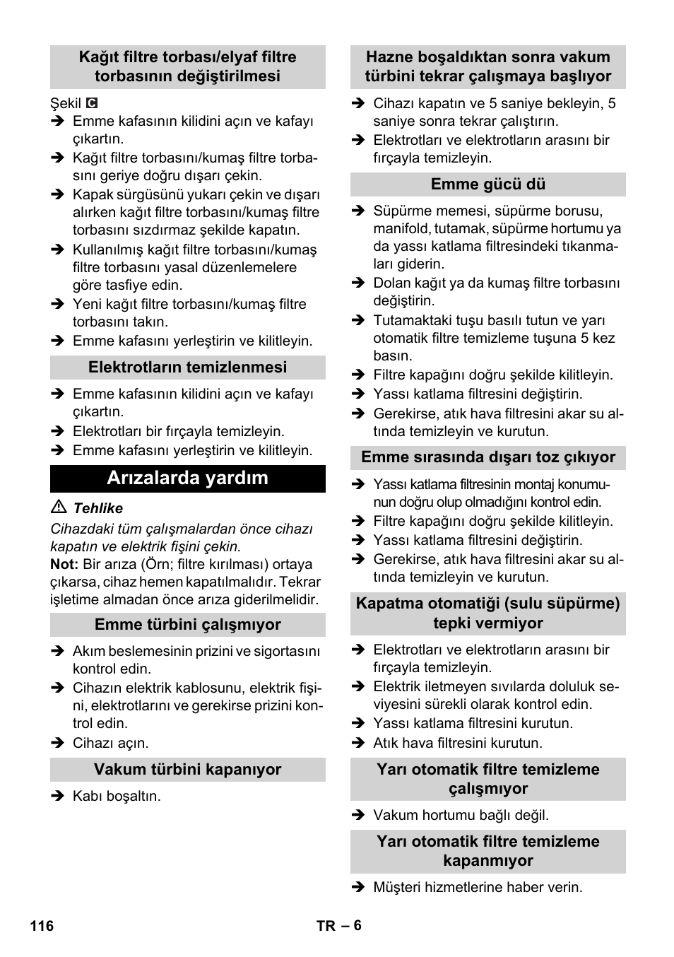 Arızalarda yardım | Karcher NT 14-1 Ap Te Adv L User Manual | Page 116 / 248