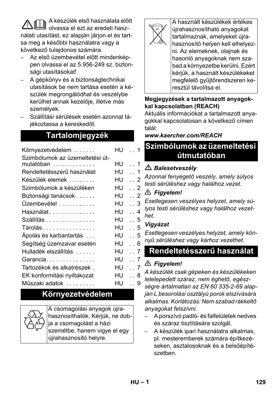 Magyar, Tartalomjegyzék, Környezetvédelem | Karcher NT 14-1 Ap Te Adv L User Manual | Page 129 / 248