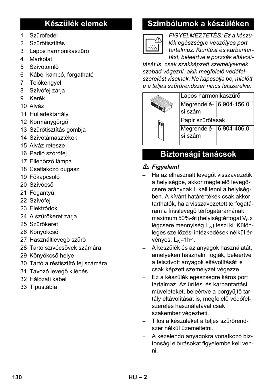 Készülék elemek szimbólumok a készüléken, Biztonsági tanácsok | Karcher NT 14-1 Ap Te Adv L User Manual | Page 130 / 248