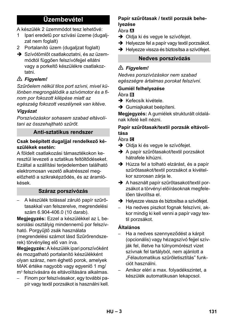 Üzembevétel | Karcher NT 14-1 Ap Te Adv L User Manual | Page 131 / 248