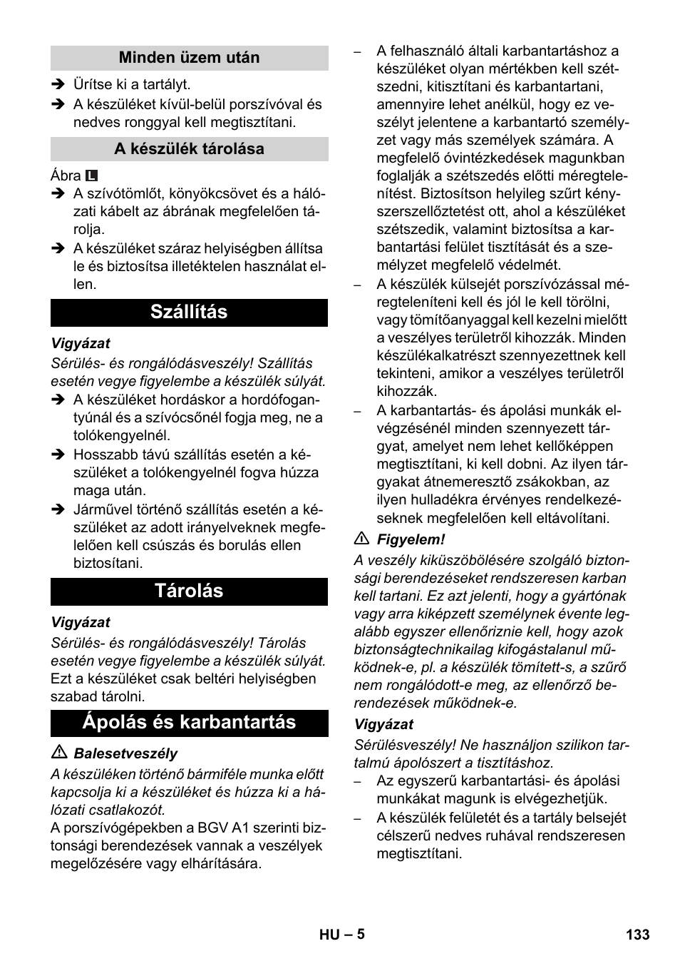 Szállítás tárolás ápolás és karbantartás | Karcher NT 14-1 Ap Te Adv L User Manual | Page 133 / 248