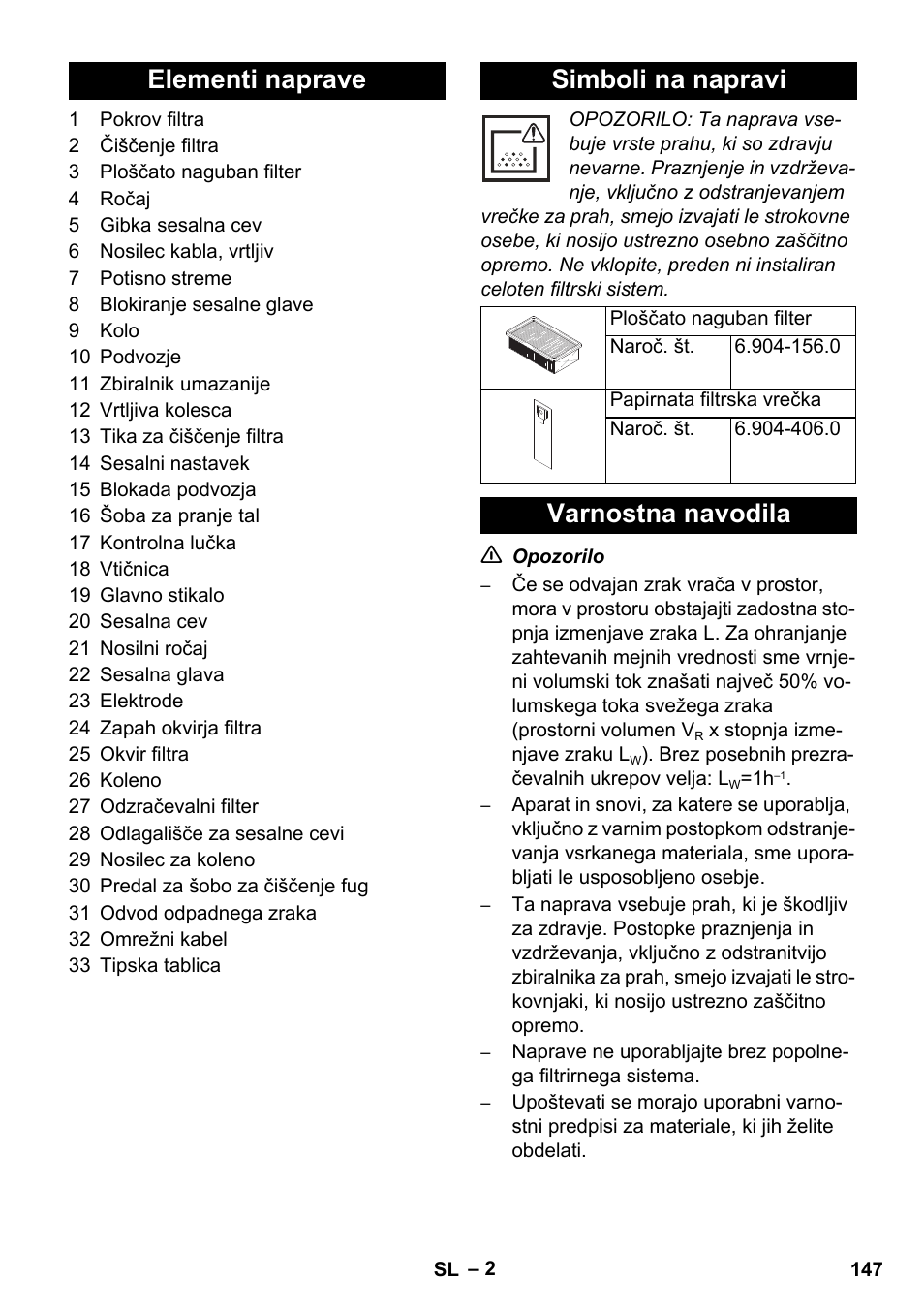 Elementi naprave simboli na napravi, Varnostna navodila | Karcher NT 14-1 Ap Te Adv L User Manual | Page 147 / 248