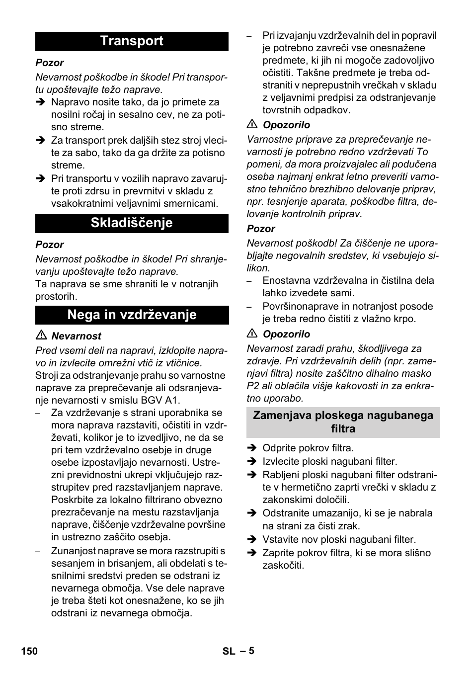 Transport skladiščenje nega in vzdrževanje | Karcher NT 14-1 Ap Te Adv L User Manual | Page 150 / 248