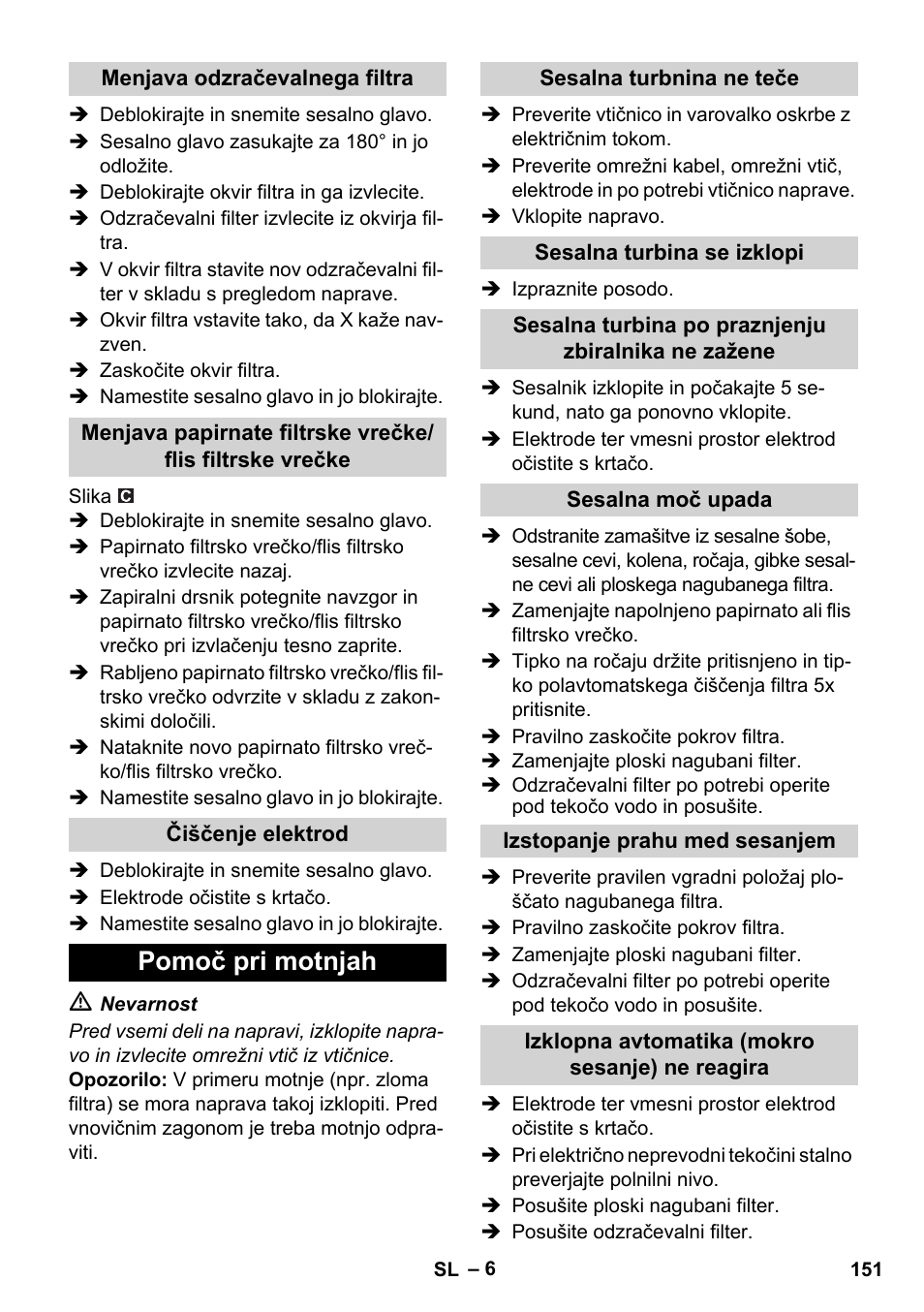 Pomoč pri motnjah | Karcher NT 14-1 Ap Te Adv L User Manual | Page 151 / 248